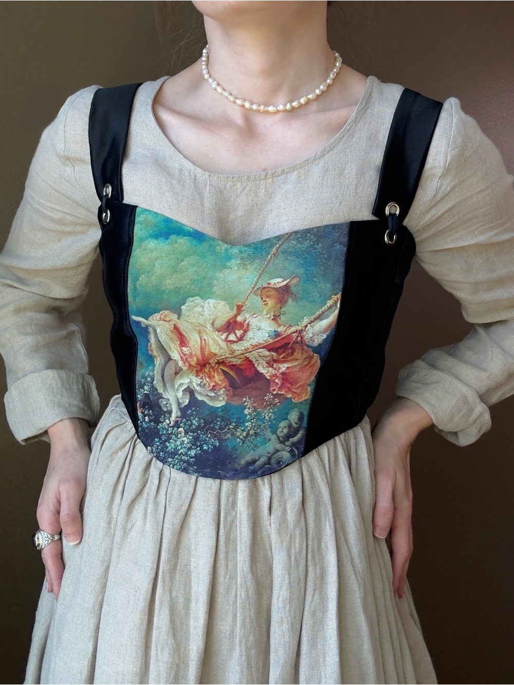 Art Print Corset Top with Pastel Rococo Swing Motif